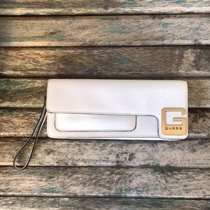 GUESS White Patent Clutch Wristlet Chrome Hardware